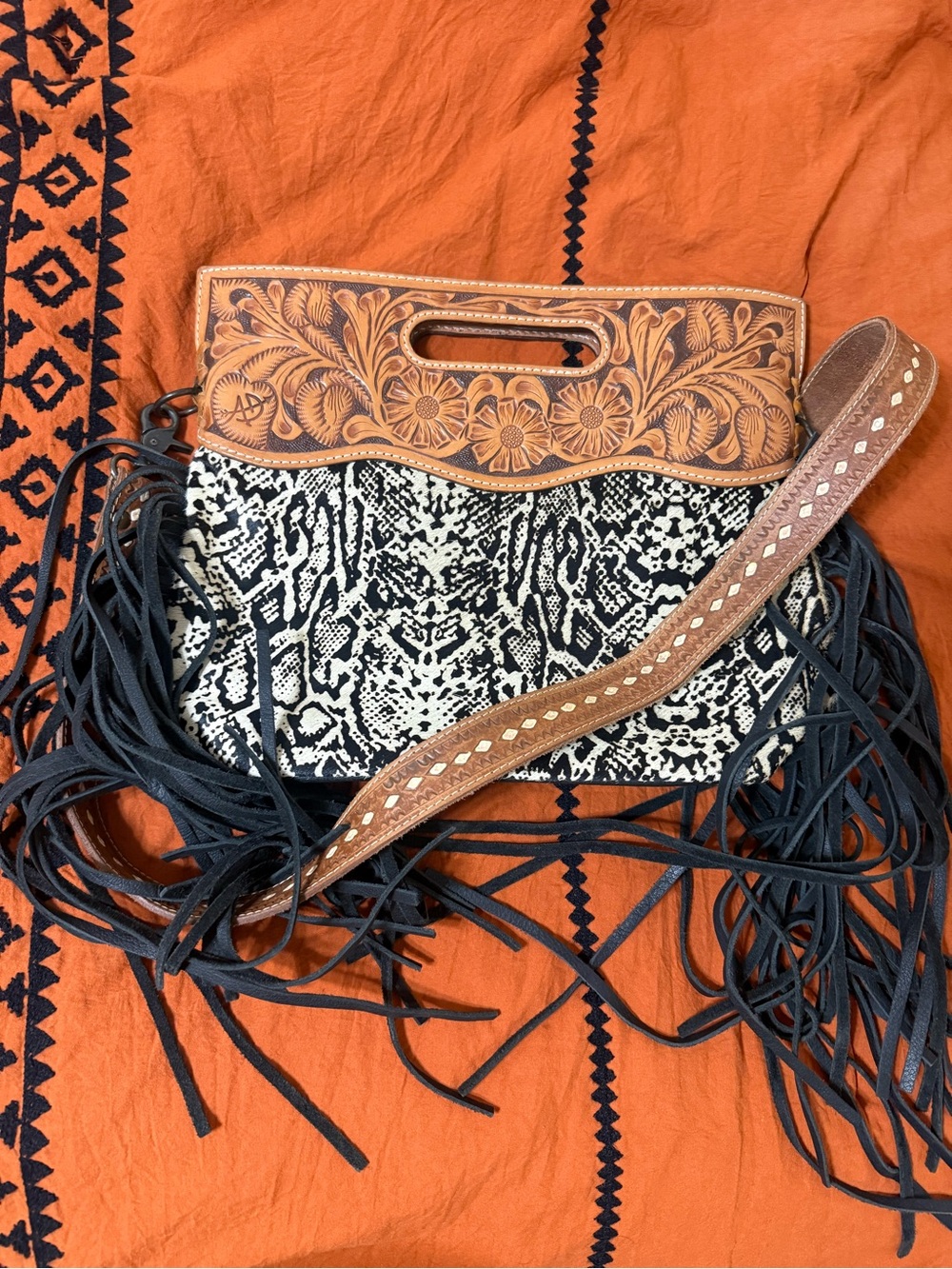 American Darling Tooled Leather & Black White Snake-Print Fringe Crossbody